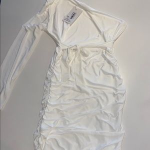 WHITE ONE SHOULDER RUCHED SLINKY MIDI DRESS